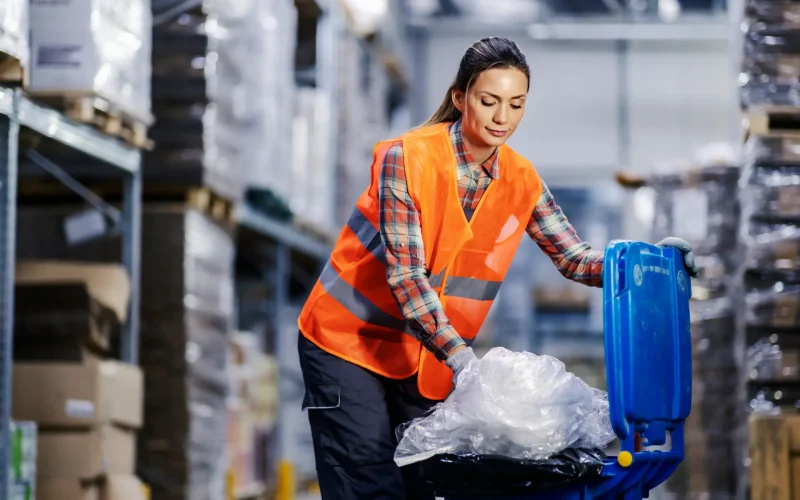 Operaria con chaleco naranja de seguridad gestionando residuos en un almacén.