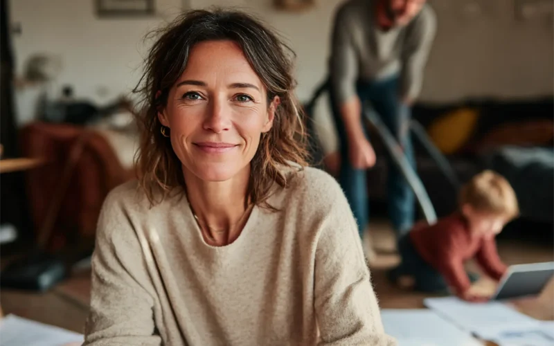 Mujer española sonriendo sentada en la mesa del salón mientras su familia realiza tareas al fondo.