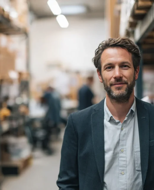Empresario joven en chaqueta apoyado en una puerta de almacén con empleados trabajando al fondo.