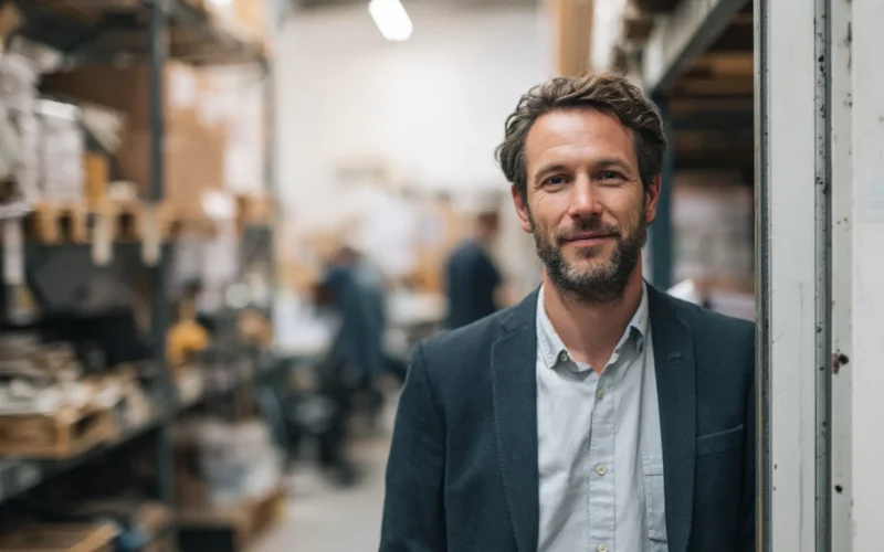 Empresario joven en chaqueta apoyado en una puerta de almacén con empleados trabajando al fondo.